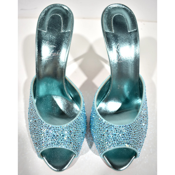 Christian Louboutin Me Dolly Strass 100 Blue Backless Sandal Mule Heel Pump 40 - Picture 7 of 12